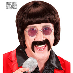 Brązowa peruka wokalista z lat 60. z wąsami