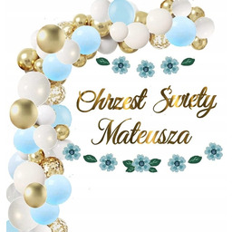 CHRZEST Balony niebieskie dekoracje baner KWIATY +IMIĘ