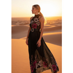 Elegancka sukienka plisowana maxi - czarna sukienka -