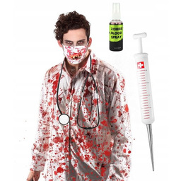 ZESTAW STRÓJ LEKARZ ZOMBIE MASKA Z ZĘBAMI STRZYKAWKA
