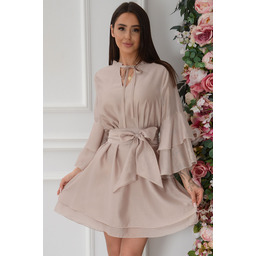 Sukienka trapezowa z falbaniastymi rękawami pudrowy beż Linea