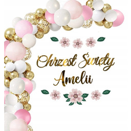 CHRZEST Balony dekoracje różowe baner KWIATY +IMIĘ