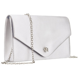 Srebrna, mała kopertówka damska wykonana z tkaniny syntetycznej