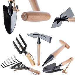 Zestaw narzędzi ogrodowych: widełki, łopatka, pikownik, grabki, motyczka