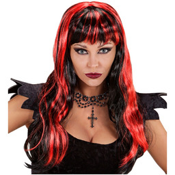 Czarna peruka Halloween z czerwonymi pasemkami
