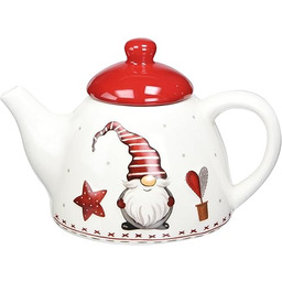 Excelsa 64125 Czajniczek świąteczny krasnal ceramiczny, biały, czerwony