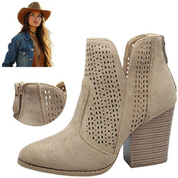Botki Damskie na klocku Kowbojki Ażurowe Zamszowe Beżowe