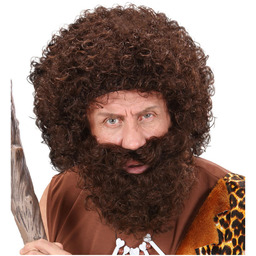 Brązowa kręcona peruka jaskiniowca z brodą