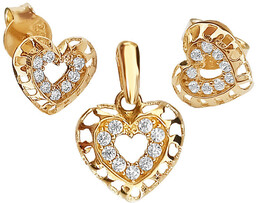 Złoty komplet biżuterii 585 ażurowe serduszka z cyrkoniami