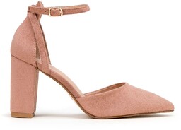 Damskie czółenka z ekozamszu na słupku zgaszony róż