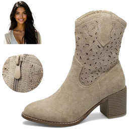 Kowbojki Botki Damskie Ażurowe Zamszowe Beżowe Modne