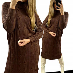 Sukienka Sweterkowa Ciepła Długi Sweter wełna czekolada 46