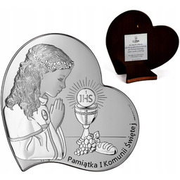 Srebrny Obrazek Pamiątka Komunii Dziewczynka Serce