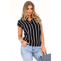 Czarna Bluzka Polo w Paski z Krótkim Rękawem