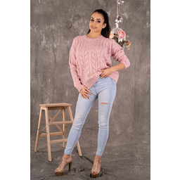 Ażurowy Sweter z Warkoczami - Pudrowy