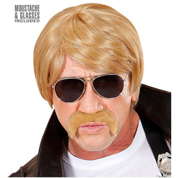 Blond peruka agent z wąsami i okularami przeciwsłonecznymi