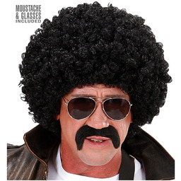 Czarna kręcona peruka agent z wąsami i okularami