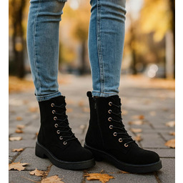 Czarne wiązane botki trapery zamszowe