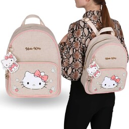 Hello Kitty Beżowy plecak lniany z brelokiem, damski,