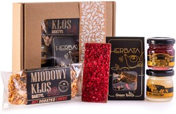 Zestaw prezentowy herbata miód konfitura malinowa czekolada baton