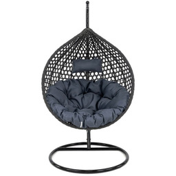 Fotel wiszący ogrodowy PREMIUM Czarny technorattan, poduszki szare