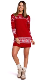 Czerwona Prosta Swetrowa Sukienka ze Świątecznym Motywem