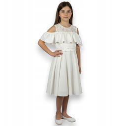 Sukienka wizytowa ecru koronka perełki cold shoulder 134