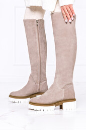 Beżowe kozaki na platformie za kolano POLSKA SKÓRA