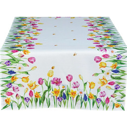 Bieżnik biały z nadrukiem w wiosenne kolorowe kwiaty