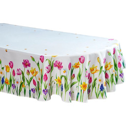 Obrus biały owalny z nadrukiem w wiosenne kolorowe