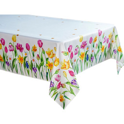 Obrus biały prostokątny z nadrukiem w wiosenne kolorowe