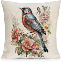Poszewka gobelinowa beżowa ptak i kwiaty JA210-01