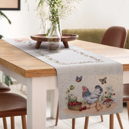 Bieżnik gobelinowy beżowy z motywem kury i kurczaczków