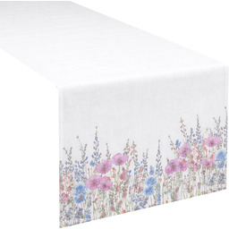 Bieżnik plamoodporny biały w fioletowo-niebieskie polne kwiaty OHN02-1