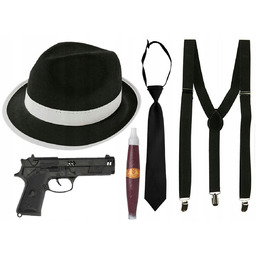 STRÓJ MAFIA GANGSTER KAPELUSZ CZARNY KRAWAT SZELKI