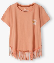 Pomarańczowy t-shirt bawełniany dla dziewczynki z frędzlami