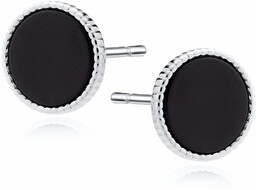 Eleganckie okrągłe rodowane srebrne kolczyki czarna emalia srebro