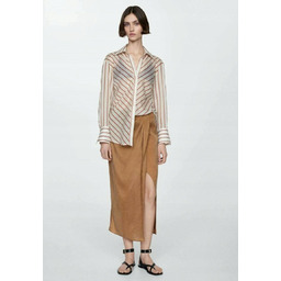 MANGO CAMEL WELUROWA SPÓDNICA MIDI Z ROZCIĘCIEM BRĄZOWA