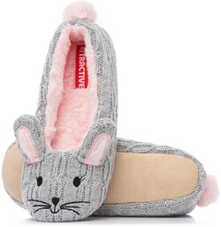 Szare bambosze damskie baletki w postaci myszki różowa