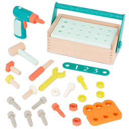 Drewniana skrzynka z narzędziami i działającą wiertarką B.toys