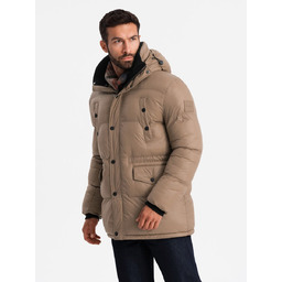 Długa męska kurtka puffer brązowa V2 OM-JALJ-0186 XL