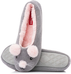 Urocze szare baletki domowe w postaci MYSZKI różowe