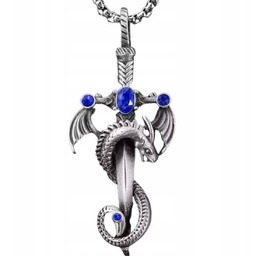 Gotycki Naszyjnik Łańcuszek Ze Smoczym Mieczem Smok Niebieskie