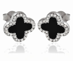 Eleganckie rodowane srebrne kolczyki koniczynki onyks cyrkonie srebro