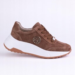 Sneakersy damskie skóra GOODIN GD-XW-1030 ażurek zamsz brąz