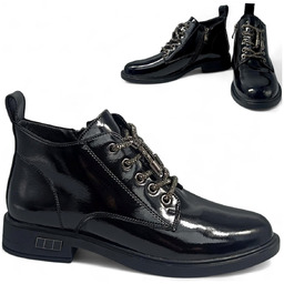 Botki Damskie SKÓRZANE Eleganckie Niskie Jesienne Płaskie Lakier