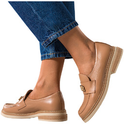 Camelowe mokasyny skórzane damskie ze złotą ozdobą PRODUKT