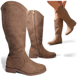 Kozaki Damskie Kowbojki Ażurowe Zamszowe Jesienne Eleganckie Brąz