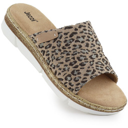 Klapki damskie na podwyższeniu w panterkę beżowe Jezzi