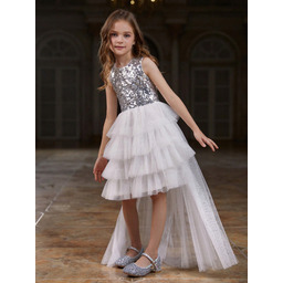 Sukienka Dziewczęca Cekinowa Warstwowa Z Dłuższym Tyłem Srebrna